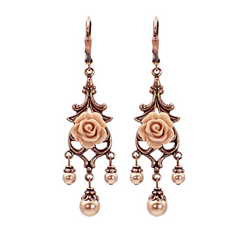 Blush Resin Rose Chandelier Earrings With Rose Gold-Colored Crystal Simulated Pearls #TOP1