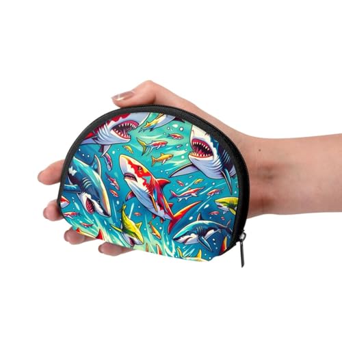 Portable Coin Purse Colorful-Sharks-Pattern Mini Zippered Money Pouch Card Holder3