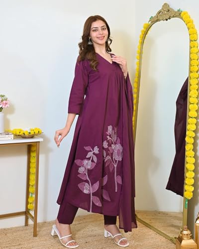 Image of Nermosa Women Solid A-line Kurta and Pant set With Dupatta | Women Kurta Set | Solid Suit | Embroidery Kurta Set |
