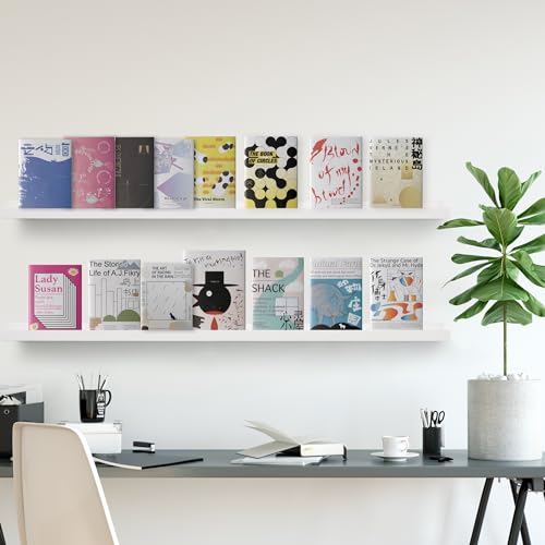 Picture Shelves for Wall,Long Floating Ledge Set of 4,Narrow Large Wood Rustic Photo Frames Vinyl Record Storage Display Nursery Kids Bookshelf Decor for Living Room Bedroom Kitchen,36\'\',Rustic White - Thumbnail 5