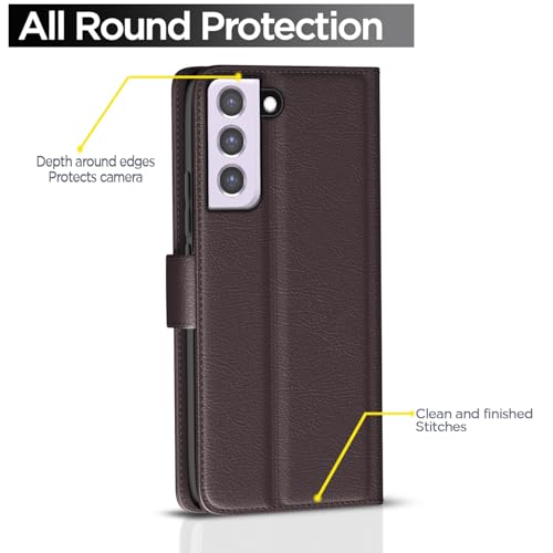 Image of Amazon Basics Flip Cover for Samsung Galaxy S21 FE 5G Leather Finish | Wallet Stand and Shock Proof | Inside TPU with Card Pockets | Complete Protection Flip Case (Coffee)