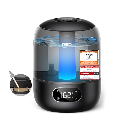 Dreo Luftbefeuchter für das Schlafzimmer, Kaltnebel-Ultraschallgerät mit 30 Stunden Laufzeit, 3L Top-Fill-Tank, Feuchtigkeitssensor, Nachtlicht für Babys, Kinderzimmer, für Pflanzen und Zuhause