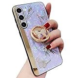 AmazFCCY Galaxy A54 5G Kickstand Case, Cute Bling Sparkle Rhinestones Butterfly with Ring Stand Elegant Shockproof Protective Cover for Girls Women for Samsung Galaxy A54 5G 2023 (Purple)