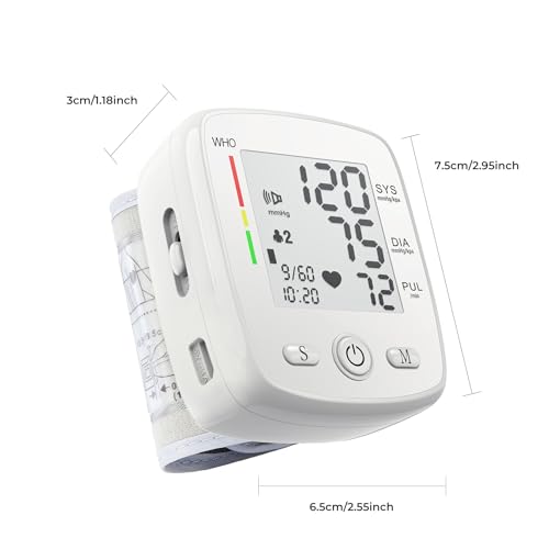Blood Pressure Monitor Adjustable Wrist Cuff Digital Rechargeable Machine for Home Use with Voice Function, 2 x 90 Readings, Carrying Case, White