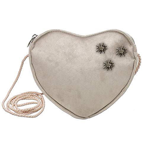 Alpenflüstern Herztasche Strass-Edelweiß Mini - Damen Trachtentasche in Herzform, Schultertasche fürs Dirndl, Herz Handtasche zur Tracht, Dirndltasche (taupe-grau) DTA080