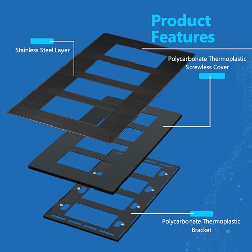 Image of LIDER Screwless Metal-Surface Wall Plate, Decorator Switch Cover, Temperature and Impact Resistant, Modern Decoration Upgrade, Mid-Size 4-Gang, 4.88 inch x 8.58 inch, UL Listed, Stainless Steel, Brushed Black
