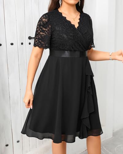 Plus Size Wedding Guest Dress - Formal Cocktail Party Ruffle Elegant Tea Length Lace Chiffon V Neck Midi Dresses2