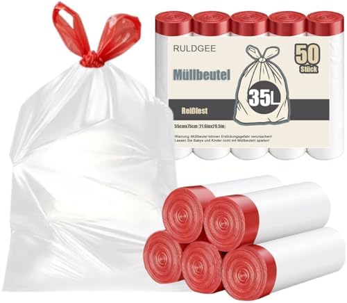 RULDGEE Reißfest Müllbeutel 35l mit Zugband 50 Stück Weiß Müllsäcke Große Mülltüten für Küche Abfallbeutel