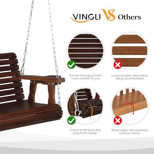 Image of VINGLI Heavy Duty 440 LBS 1-Person Wooden Patio Porch Swing with Extra Cup Holder for Adults, Outdoor Single Porch Swing for Porch, Yard, Balcony, Tree (Rustic)