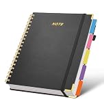 FREBLASO 5 Subject Notebook with Removable Dividers Tabs, 300 Pages Leather Hardcover Spiral Notebook College Ruled, 8"x10" Large B5 Notebooks for Work School, Lined Journal for Women, Black