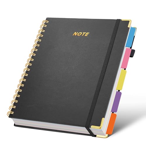 5 Subject Notebook with Removable Dividers Tabs, 300 Pages Leather Hardcover Spiral Notebook College Ruled, 8