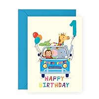 Central 23 First Birthday Card for Boys - BDAY CAR ANIMALS Age 1 - Happy 1st Birthday Greeting Card for Kids - One Year Old - Son - Toddler - Comes With Stickers