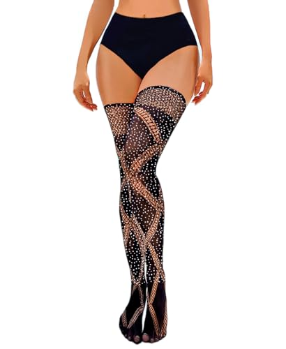 Image of FANCAME Womens Sparkle Thigh High Stockings Patterned Floral Black Stockings Rhinestone Stay Ups Socks Tights