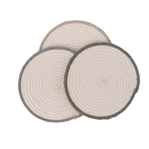 Image of DENOVA Cotton Rope Trivet for Hot Pots and Pans, Heat Resistant Table Protector, Round Handcrafted Pot Mat, Set of 3 Cream and Multicolor Edges