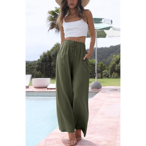 Image of Duyang Womens Cotton Linen Palazzo Pants Drawstring Elastic Waist Casual Wide Leg Trousers with Pockets