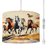 Plug in Pendant Light Western Desert House Animals Boho Wild Horses Flowing Manes Grass Hanging Light with Plug in Clear Cord Dimmable Switch Linen Shade Hanging Lamp Fixture for Bedroom Kitchen