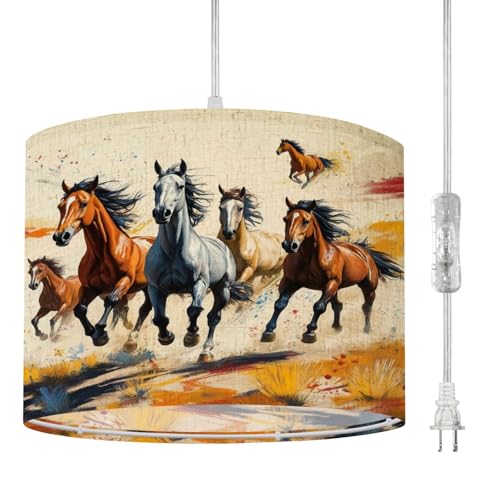 Plug in Pendant Light Western Desert House Animals Boho Wild Horses Flowing Manes Grass Hanging Light with Plug in Clear Cord Dimmable Switch Linen Shade Hanging Lamp Fixture for Bedroom Kitchen