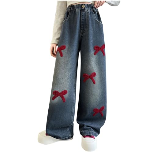 Kids Bow Embroidered Wide Leg Jeans Casual Stretchy Streetwear Elastic Waist Denim Pants for 5-15 Years with Pockets