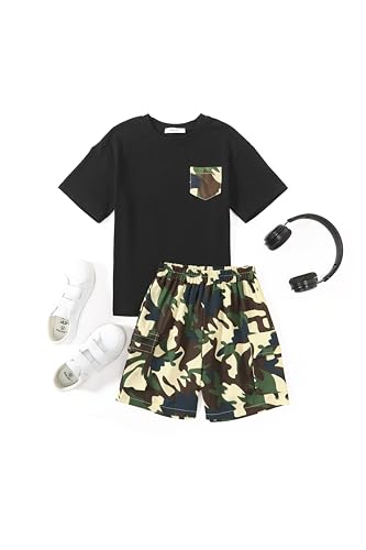 Image of Arshiner Boys' 2-Piece Cotton Outfit Short Sleeve Crewneck T-Shirt & Cargo Shorts Set Summer Casual Clothes for Kids 5-13