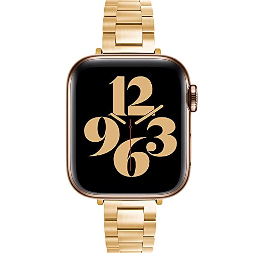 NINKI Compatible Slim Apple Watch Band Gold 42mm 44mm 45mm Metal,Luxury Stainless Steel Business Narrow Champagne Gold Apple Watch Bands Thin Band for Apple Watch Series 7/6/5/4/3/2/1 Bands Women Men