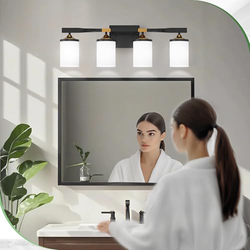 Image of DORESshop Bathroom Light Fixtures, 4-Light Black and Gold & Milky White Bathroom Lighting Fixtures Over Mirror with Milk Glass Shade, Modern Vanity Lights for Hallway Bedroom