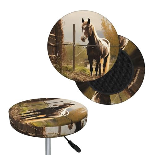 Fence and Horse Bar Stool Covers Round, Washable Bar Stool Seat Cover with Elastic Bands, Bar Stool Chair Covers Stretch Stool Cushion Slipcover for 12-14 Inch