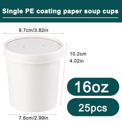 Image of 16 oz 25 Pcs Paper Soup Cups with Lids, White Ice Cream Containers
