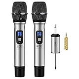 TONOR Micrófono inalámbrico UHF Karaoke, micrófono dinámico de mano dual con mini receptor portátil de salida de 1/4 pulgadas para iglesia/hogar/karaoke/reunión de negocios, color plateado