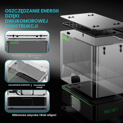 SUNLU Oficjalna suszarka do włókien E2, 110°C Max, grzejnik PTC 500W, suszenie i wyżarzanie 2 w 1, podwójna komora do profesjonalnych filamentów PC PA-CF FR-ABS (czarny)