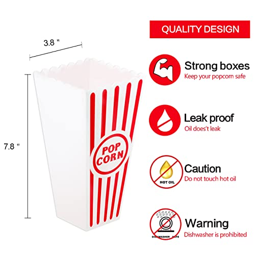 Novelty Place Plastic Red & White Striped Classic Popcorn Containers for Movie Night - 7.8" Tall x 3.8" Square (16 Pack)