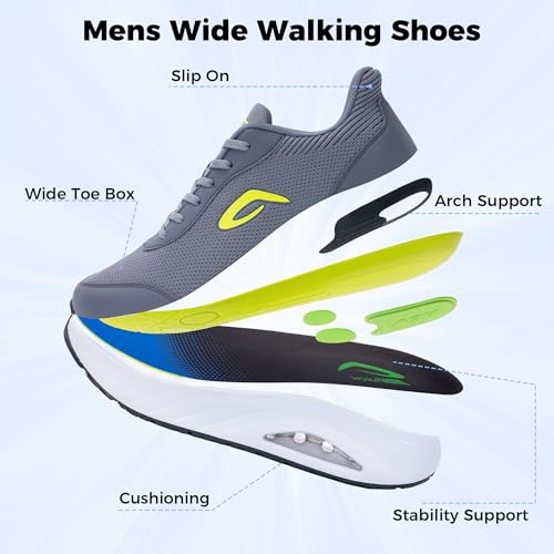 Wide Toe Box Mens Walking Shoes with Arch Support Wide Width Orthotic Sneaker for Plantar Fasciitis Slip On Tennis Running Shoes Size 8-132
