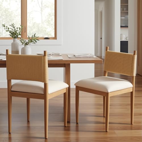CIMOTA Modern Dining Chairs Set of 2, Mid Century Upholstered Dining Room Chairs with Woven Back, Armless Kitchen Chairs with Natural Solid Wood Legs, Linen Beige Natural Wood - Beige 2 Line