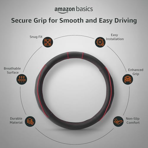Image of Amazon Basics Leather Steering Wheel Cover (Medium - 38 cm) | Breathable, Non-Slip Polyvinyl Grip with Sporty Black Stitching & Easy Installation (Black and Red)