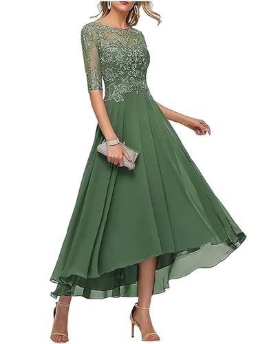 Lace Applique Mother of The Bride Dresses for Wedding Tea Length Half Sleeve Beaded Chiffon Formal Evening Dress2