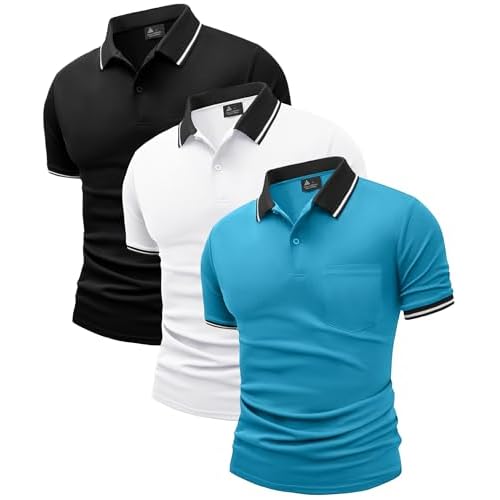 ZITY 3 Pack Men Polo Shirts Short Sleeve with Pocket Sport Wicking Shirts for Men Casual Athletic Collared T-Shirts Black White Blue XX-Large