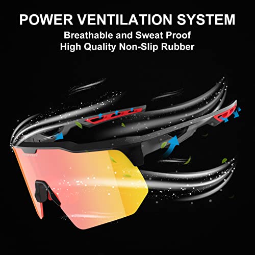 Haayot Polarized Cycling Glasses,Sports Sunglasses For Men Women,Baseball Biking Running Fishing Sunglasses With 5 Interchangeable Lenses Black Red #TOP3