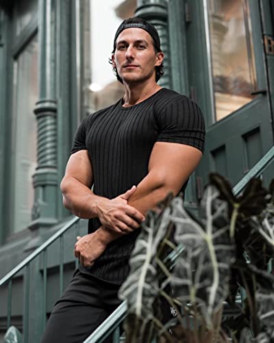 URRU Men's Muscle T Shirts Stretch Short Sleeve Bodybuilding Workout Casual Slim Fit Tee Shirts3