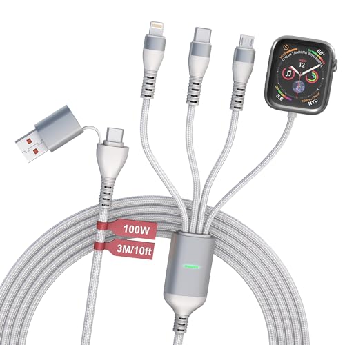 4in1 充電ケーブル Apple Watch/USB-C/Lightning/Micro USB対応 白色 3m 急速充電100W PD データ転送可能 耐久性ナイロン編み マルチデバイス充電、iPhone 16/15/14/13/iPad/Samsun