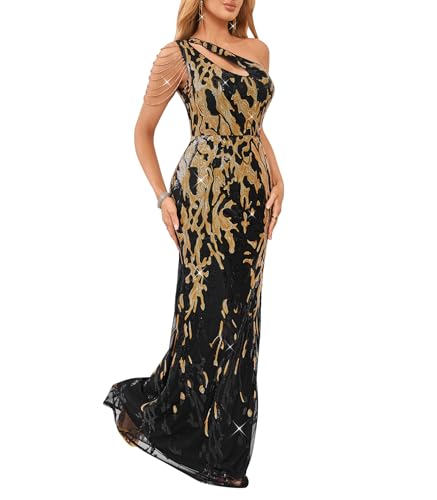 Image of Cololura Women Sequin Elegant Sexy One Shoulder Tassel Mermaid Bodycon Cocktail Evening Dress
