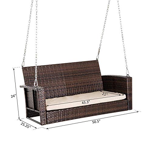 Image of Carry Bird Rattan Wicker Two Seater Swings with Cushion, Brown, 120x60x60 cm, Garden Porch Hammock for Adults (Beige, 2 Seater Prouch Swing, Leather Brown Prouch Swing)