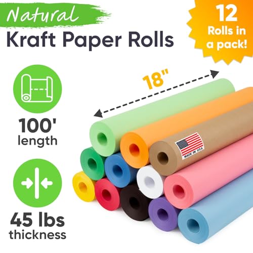 Image of Paclord 18 inch x 1200 inch (100 ft) Pack of 12 Rolls USA Made Multi-Color Kraft Paper Rolls Set, 45 lbs - Colored Paper for Arts and Crafts, DIY Projects, Gift Wrapping, Packing | USA Made Colored Paper for Arts and Crafts, DIY Projects, Gift Wrapping, Packing