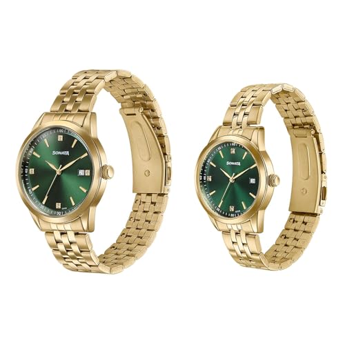 Image of Sonata Jashn with Quartz Analog Green Dial Gold Strap Men and Women (Pair) Wedding Watch - 7721287126YM01