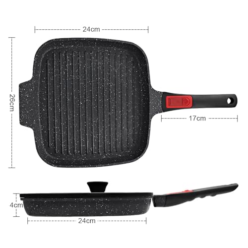Griddle Pan with Lid, 10 Inch Cast Aluminium Non Stick Grill Pan with Detachable Handle for Induction Hob, Black - Image 4