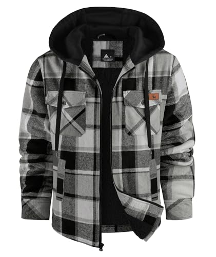 Image of ZITY Men's Flannel Jacket Zip Up Fleece Plaid Shirt Hoodie Winter Warm Coat | Thick Sherpa Lined, Long Sleeve Outwear, Heavyweight, Sweatshirt with Pocket, Work School Vacations
