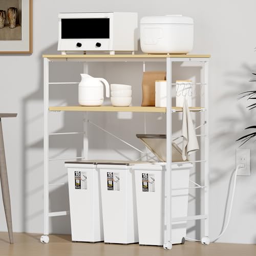 MoonMeguri キッチンツールラック レンジボード 幅80奥行40高さ100cm 2口コンセント・フック・キャスター付き 7色展開 エポキシ塗装×メラミン合板 横揺れを抑えるクロスバー付き ゴミ箱上+サイド小物整理 多目的キッチン棚 (ナチュラル,