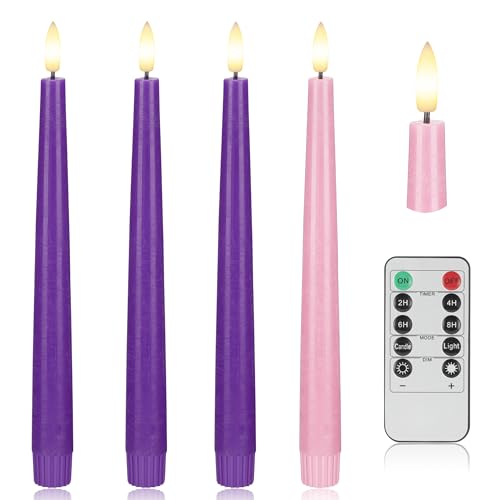 Image of Flamelss Advent Candles, 9.6 inch Real Wax Flameless Taper Candles with Remote, 4 Pack Flickering LED Candle Battery Operated Candlesticks for Christmas, Catholic, Advent, Wreath, Purple and Pink
