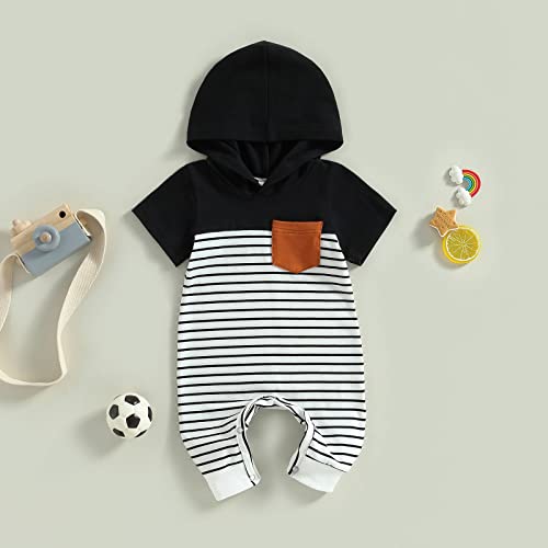 Bagilaanoe Infant Newborn Baby Boys Romper Summer Jumpsuit Short Sleeve Bodysuit Striped Outfit One Piece Clothes Summer Clothing (Black Striped, 3-6 Months) #TOP6