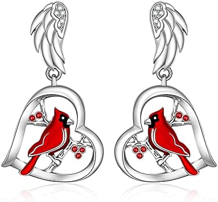 Cardinal Earrings for Women Sterling Silver Cardinals Appear When Angels Are Near Heart Red Bird Jewelry Dangle Memorial Gifts Angel Wing Studs
