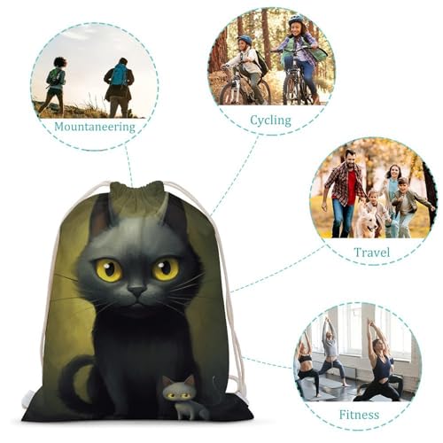 Black Cartoon Cat with Yellow Eyes Drawstring Backpack Canvas String Bag Lightweight Sports Gym Bag for Men Women3