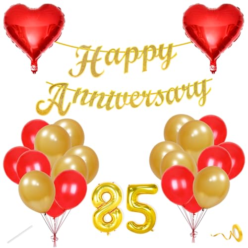Image of Flyloons 85th Happy Anniversary Decoration Items Red Gold for Men Women Husband Wife Mom Dad Parent Couple Home Bedroom Car With 20 Pcs Metallic Balloons Anniversary Banner 2 Pcs Heart Set Kit
